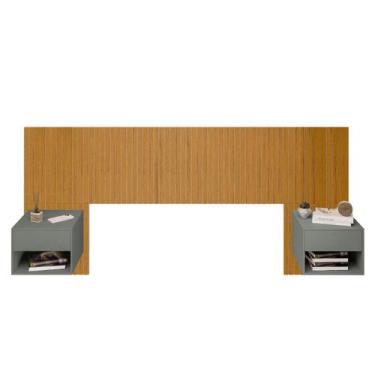 Imagem de Cabeceira Ripado MDF Adesiva com 2 Mesas de Cabeceira Suspensa Sofia 1