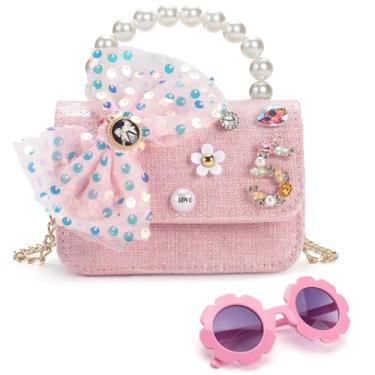 Imagem de LJCTULY Bolsa infantil para meninas com óculos de sol, bolsa transversal infantil com alça de pérola, bolsa pequena para meninas, rosa