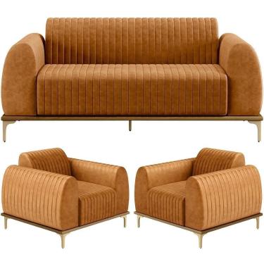 Imagem de Kit Sofá 3 Lugares 210cm Com 02 Poltronas Molino Base Castanho Pés D`ouro D02 Couríssimo Whisky B-90 - Lyam Decor