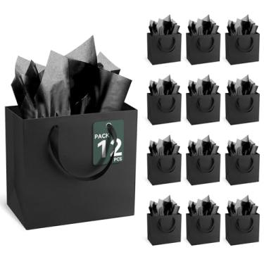 Imagem de Sacos de presente pretos com alças e papel de seda, 12 peças, sacos de presente de papel Kraft resistentes de 30 x 11 cm, a granel para casamento, festa, aniversário, negócios e compras