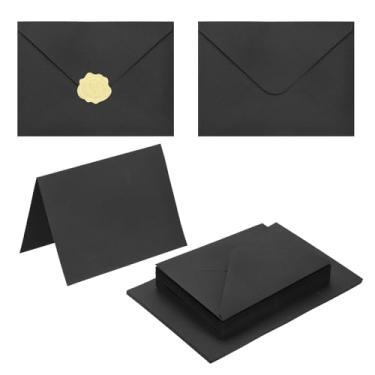 Imagem de PATIKIL Pacote com 50 envelopes pretos de 10 x 15 cm com cartões, envelopes A6 de aba em V com cartolina e adesivos dourados para cartões comemorativos de casamento, convites de aniversário, carta