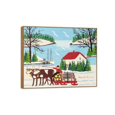 Imagem de Maud Lewis Famosa Pintura-Impressões em Tela Reprodução-Quadro Sala de Estar(Oxen Hauling Logs 2) 40x50cm-16x19in Moldura de Wooden