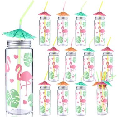 Imagem de SiliFine 12 copos havaianos de 400 ml copos de plástico flamingo com tampas e canudos, copos tropicais reutilizáveis copos de plástico transparente havaiano canudos fluorescentes com guarda-chuva para