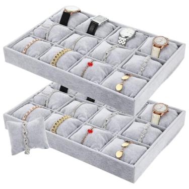 Imagem de 2 bandejas de relógio de veludo, organizador de joias, bandeja empilhável de relógio de veludo com 12 grades, bandejas de exibição de relógio, pulseira de relógio, suporte ajustável (cinza)