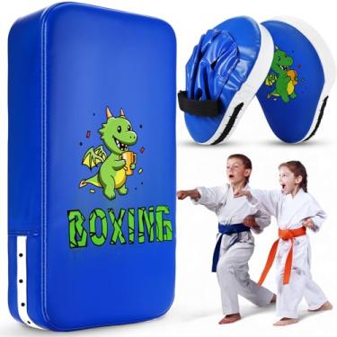 Imagem de HyDren Conjunto de luvas de pancada de dinossauro azul 2 em 1 para crianças, almofadas de focagem e protetor de almofada de chute Taewondo para jovens boxe Muay Thai Karatê Kickboxing artes marciais