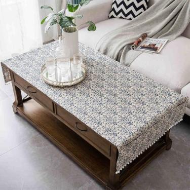 Imagem de Toalha de mesa retangular de linho de algodão para mesa de café, toalha de mesa rústica de fazenda com borlas e bolsos, capa de poeira lavável antirrugas para sala de estar, cozinha, festa, decoração