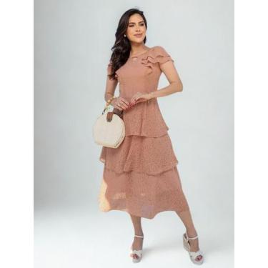 Imagem de Vestidos Feminino Midi Elegante Festa Camadas com Babado Manga Curta M
