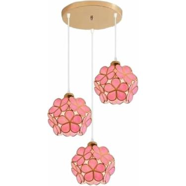 Imagem de WLHAZMWY Candeeiro pendente ajustável com 3 luzes, lâmpada suspensa em forma de pétala empilhada, decoração nórdica, base E26e27 (rosa)