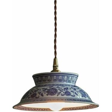 Imagem de WLHAZMWY Luminária pendente vintage minimalista luminária pingente clássico azul branco porcelana luminária suspensa latão ajustável