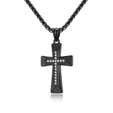 Imagem de Aprila Colar de cruz para homens, aço inoxidável prata/ouro/preto crucifixo zircônia cúbica pingente joias, corrente de rolo de 60 cm, Sem Pedra Preciosa