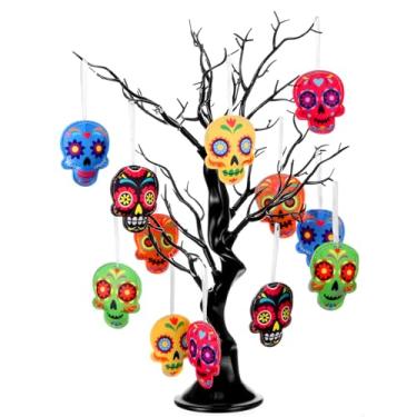 Imagem de Remagr 12 peças Dia dos Mortos Caveira Pendurada Ornamento de Feltro Dia De Los Muertos Ornamento de Árvore Pingente de Cabeça de Esqueleto Decoração para Halloween Festa Mexciana Decoração de Natal