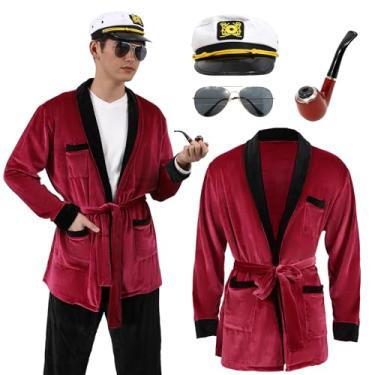 Imagem de nezababy Fantasia masculina Hefner Roupão vermelho de veludo jaqueta capitão chapéu cachimbo óculos de sol acessórios Halloween cosplay para adultos, Vermelho, M-G