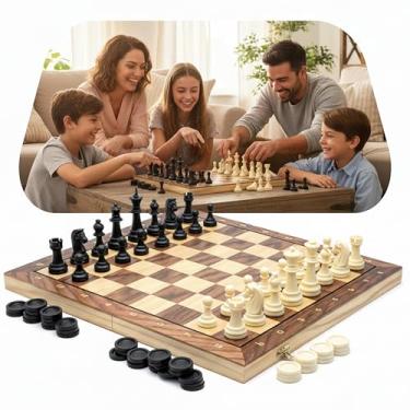 Imagem de Jogo Xadrez 3 em 1 Magnético com Damas Gamão Tabuleiro Dobrável 39x39 cm Estilo Estojo Clássico Profissional Grande Luxo Peças Resina de Alto Impacto Recreação Estratégia Tamanho Extra Grande