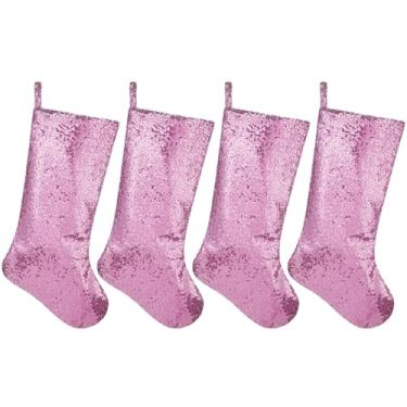 Imagem de Pxniy 4 peças de meias de Natal personalizadas com glitter, 50 cm de lantejoulas para decoração de férias, artigos de festa festiva (rosa)