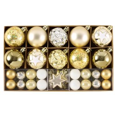 Imagem de DecorbyHannah Enfeites de Natal, decorações de árvore branca dourada de 50 quilates, conjunto de bolas de Natal com tema branco dourado moderno à prova de estilhaçamento para decoração de mesa de