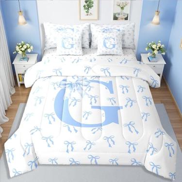 Imagem de Erosebridal Conjunto de edredom solteiro com laço azul, 7 peças, monograma, laço romântico, cama G em uma bolsa, fita de sonho, laço e laço para crianças, meninas, moderno, azul, branco