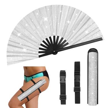Imagem de Anglekai Ventilador de mão dobrável grande com glitter de 33 cm, leque de mão dançante de linha brilhante 1P/2P com 2 cintos/mangas para decoração de dança (1, prata)