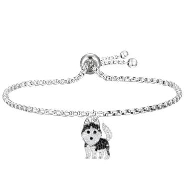 Imagem de Pulseira para amantes de cães – Pulseira ajustável para cães, corrente de 25 cm de comprimento, diferentes raças de cães, zircônia sintética preta e branca acentuada, Schnauzer, Pug, Corgi, Maltês e