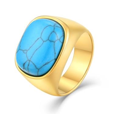 Imagem de Veshon Anel masculino com sinete quadrado olho de tigre de aço inoxidável com pedra natural para homens joia presente para ele, tamanho 7-12, Pedra, Turquesa