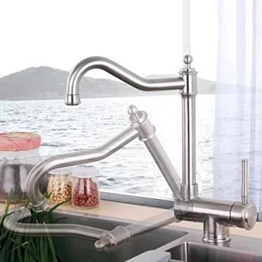 Imagem de Pkfinrd Torneiras de cozinha, misturador dobrável na janela interna, torneira para pia de cozinha, torneira de cozinha de aço inoxidável, torneira giratória para pia quente e fria