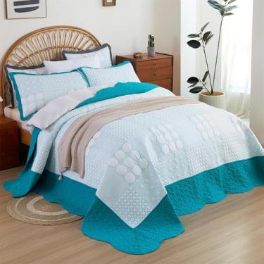 Imagem de Conjunto de colcha King extragrande, azul-petróleo, 128 x 120, Colcha King Califórnia com 2 fronhas - edredom de cama bordado xadrez requintado para todas as estações - cobertor leve caído no chão