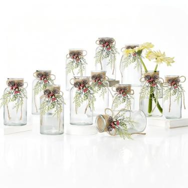 Imagem de Conjunto de 12 vasos de decoração de Natal, centros de mesa de Natal para mesas, decoração de mesa de férias de fazenda, vasos de vidro transparente com laços de barbante para decorações de Natal