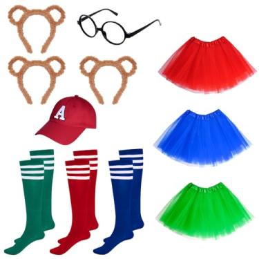 Imagem de Conjunto de 11 peças de fantasias de esquilos - vestido tutu com orelhas de esquilo, meias até o joelho, armação redonda, óculos pretos para o Dia das Bruxas, Vermelho + verde + azul, One Size