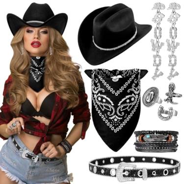 Imagem de Chicingyou 8 peças de chapéu de cowboy com strass para mulheres com cinto de glitter, bandana, brincos para festa de Halloween, Preto, 15.4 inch in height