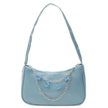 Imagem de Bolsa de couro PU pequena bolsa de ombro com corrente de borboleta bolsa de borla bolsa de armazenamento de grande capacidade bolsas de mensageiro portáteis, Azul
