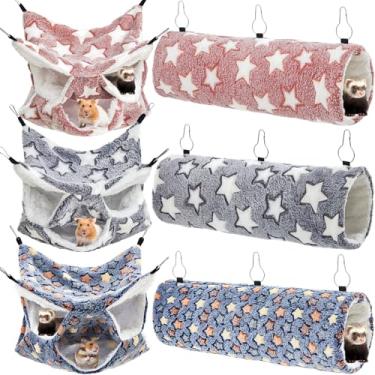 Imagem de Sweetude Conjunto de rede para ratos, túnel de suspensão para furões, 3 níveis, rede de porquinho-da-índia, cama de chinchila macia para gaiola, acessórios para esconder, brincar e dormir (esquema de