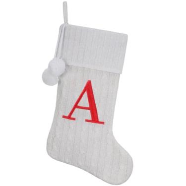 Imagem de Pxniy Meia de Natal personalizada de 48 cm - malha branca com monograma bordado e pompons, cabide de lareira familiar para decoração de férias, letra A branca