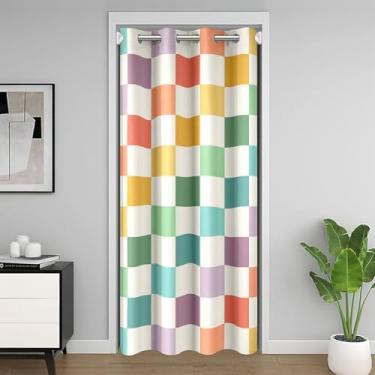Imagem de Cortina divisória de quarto retrô quadriculada multicolorida, geométrica, para privacidade, 132 x 203 cm, 1 painel verde amarelo colorido capa de armário moderna simples estética descolada