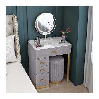 Imagem de Escrivaninha de penteadeira Conjunto de penteadeira pequena com espelho iluminado e 4 gavetas, maquiagem para quarto banco acolchoado, acabamento em veludo cinza(Pequeno)