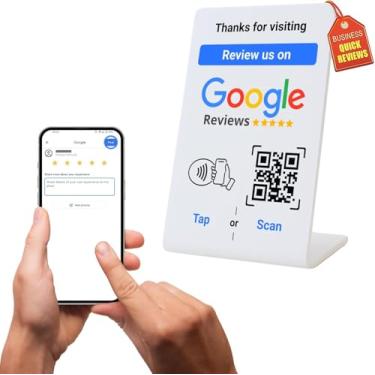 Imagem de Suporte de acrílico NFC Tag Google Review - Aumente o feedback do cliente com QR Tap & Scan - Sem aplicativo, sem assinatura - Funciona em iPhone e Android (branco, 13 x 9 cm - 1 pacote)