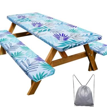 Imagem de Toalha de mesa de piquenique com capas de banco, essencial para acampamento, impermeável, à prova de vento, com bolsa de cordão, mesas e assentos retangulares ajustados, 152 cm, verde claro e azul
