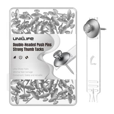 Imagem de Uniclife 60 pinos de pressão para parede, tachas de polegar de cabeça dupla, cabides de imagem, tachinhas de metal, ganchos de parede para pendurar fotos, moldura de foto, tapeçaria e decoração, prata