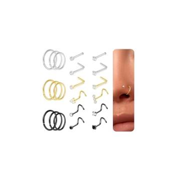 Imagem de DAILI 21 peças de piercing de nariz para mulheres, piercings de nariz hipoalergênicos de titânio dourado 2 mm CZ minúsculos brincos de nariz prata ouro rosa preto 6/7/8 mm pequenos aros em forma de L