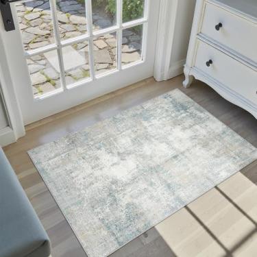 Imagem de WondRg Tapete lavável 5 x 7 cm, azul, creme, abstrato, entrada, cozinha, neutro, moderno, antiderrapante, macio, leve, leve, pequeno tapete para banheiro, sala de estar, quarto