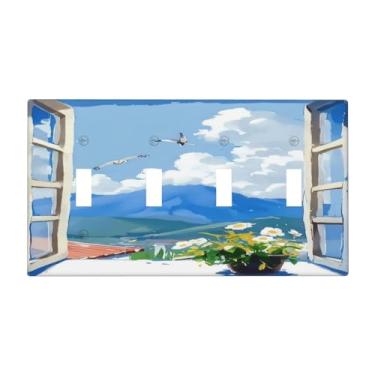 Imagem de Cenário fora da janela quadriciclo interruptor de luz placa decorativa 4 painéis de parede placa elétrica para quarto banheiro decoração de casa 11,4 cm x 20,3 cm