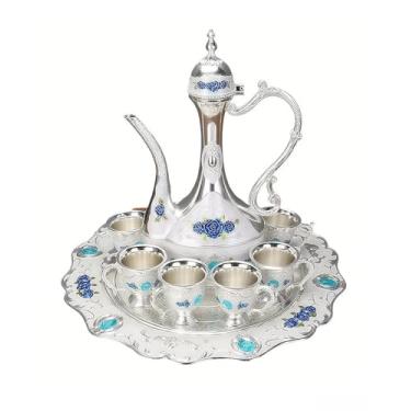 Imagem de SEEK RARE Conjunto de bule de café turco vintage grande conjunto de bule de chá para adultos decoração de festa em casa prata azul