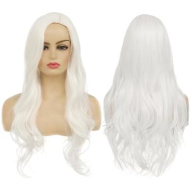 Imagem de Baruisi Peruca longa encaracolada branca ondulada para mulheres, parte lateral, aparência natural, cosplay, peruca sintética resistente ao calor