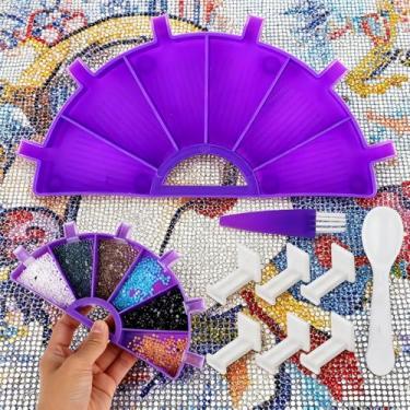 Imagem de 1 conjunto de 6 bandejas de pintura de diamante de grande capacidade organizador de placa de perfuração rotativa para arte de unhas de contas, ponto cruz, armazenamento portátil, roxo