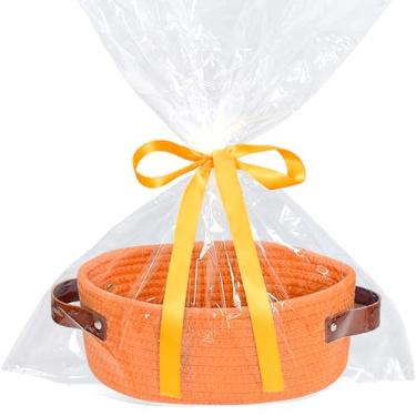 Imagem de Cesta pequena de tecido com saco de presente e fita, pequena cesta de armazenamento, mini cesta, linda cesta de tecido de corda de algodão, cesta de prateleira, cesta decorativa boho, cesta de