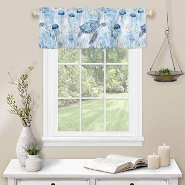 Imagem de Cortina de decoração tartaruga de cozinha para janela vida marinha bolso para varão sanefa cozinha tratamento de janela para quarto sala de estar 137 x 45 cm