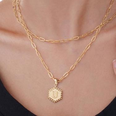 Imagem de Colar hexagonal banhado a ouro com pingente de alfabeto personalizado, pingente de monograma A-Z para mulheres, F, Aço inoxidável, Sem Pedra Preciosa