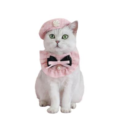 Imagem de Conjunto de chapéu de boina de flor para animais de estimação com gravata borboleta e babador de renda, design floral para uso diário, festas de aniversário, adereços para fotos, laço, rosa