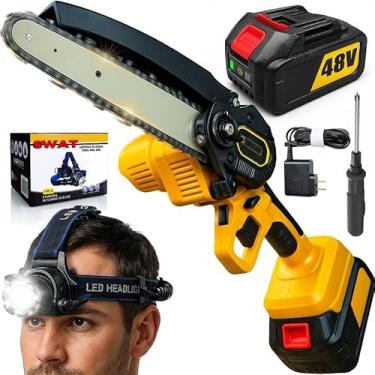 Imagem de Mini Motosserra Elétrica Portátil 48V 2000mAh com Lanterna Tática Recarregável 99000 Lumens LED Zoom IPX4 Corte de Madeira Kit Camping Poda Floresta