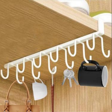 Imagem de Suporte de utensílios de cozinha de metal ganchos de fileira sob armário organizador prateleira rack de armazenamento para despensa (fileira dupla branca 12 ganchos)