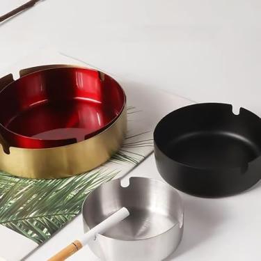 Imagem de Cinzeiro de cigarro de aço inoxidável, bandeja redonda a granel, suporte de cinzeiro inquebrável de mesa, suporte de cigarro para casa, fora do escritório, pátio, varanda, restaurante, cozinha, mesa