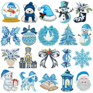 Imagem de 20 peças de adesivos de inverno bordados de Natal azul boneco de neve floco de neve árvore de Natal Papai Noel artesanato DIY para roupas
